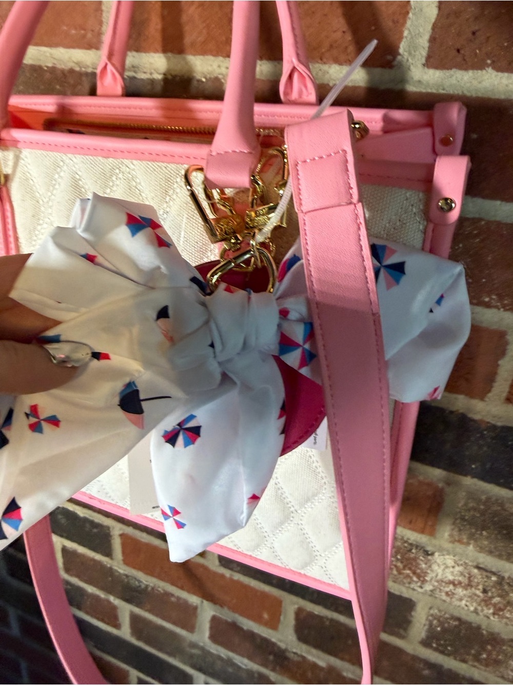 NWT Betsey Johnson Pink & Cream Quilted Tote Handbag with Scarf Accent - Picture 3 of 13